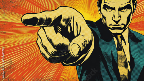 A man points forward with his finger, showing a clear direction. This image, in a retro style, suggests a business goal or objective.pop art. photo