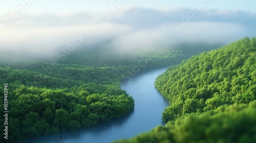 Lush green forest with winding river