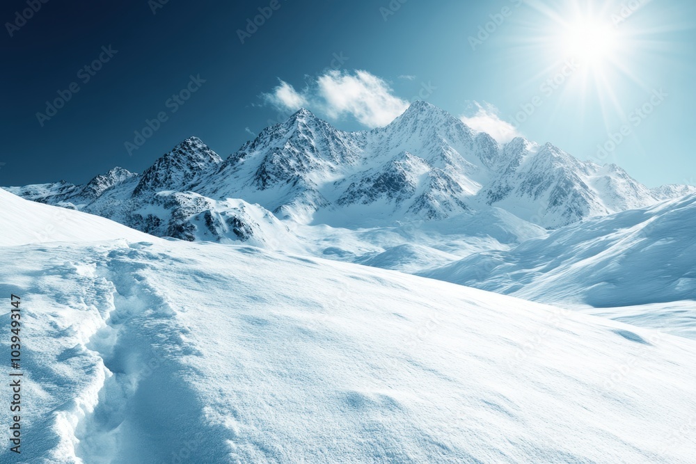 Snow-covered mountain landscape under a bright sun during winter season Snow-covered mountain landscape under a bright sun during winter season