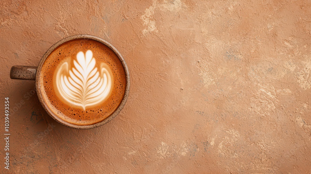 Elegant leaf latte art in a rustic cup, frothy and inviting, perfect for a cozy coffee moment. Elegant leaf latte art in a rustic cup, frothy and inviting, perfect for a cozy coffee moment.