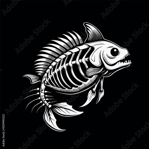 fish skeleton, showcasing intricate bone structure and sharp teeth sketch engraving vector illustration. Scratch board imitation. Black and white image