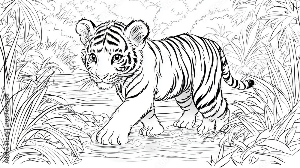 Coloring page of baby Tiger Walking Through Dense Jungle Scene Coloring page of baby Tiger Walking Through Dense Jungle Scene