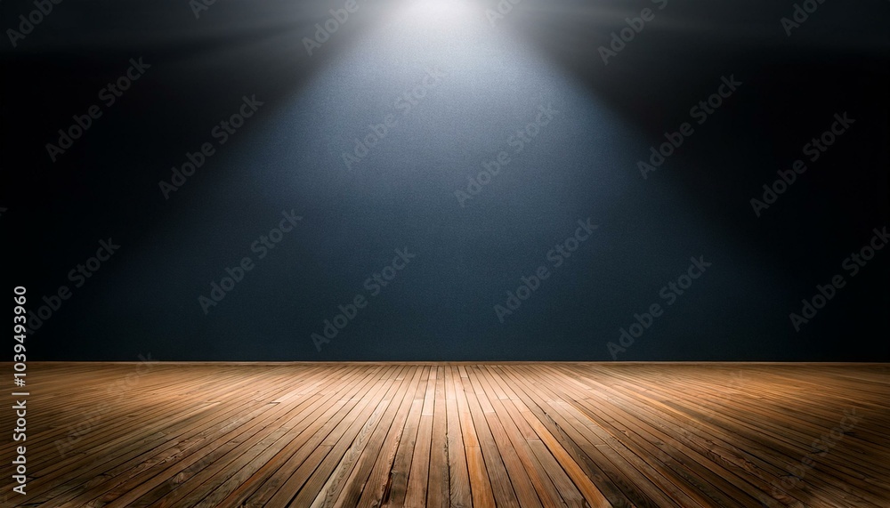 Abstract spacious showroom with dark wall for copyspace, wooden floor and spot light from above. Abstract spacious showroom with dark wall for copyspace, wooden floor and spot light from above.