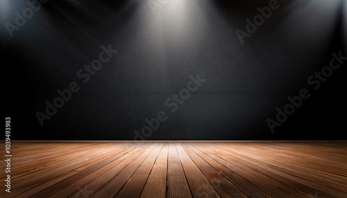 Abstract spacious showroom with dark wall for copyspace, wooden floor and spot light from above. photo