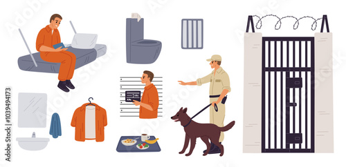 People serving punitive sentence and prison elements. Warden and criminals in uniform. Detention chamber objects. Lawbreakers mugshot. Prison fence with barbwire. Garish vector set
