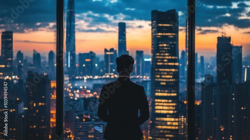 Urban Skyline at Dusk with Businessman Silhouette