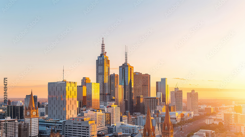 Obraz premium sprawling city filled with skyscrapers and urban architecture, bathed in warm glow of sunset. skyline showcases modern buildings and vibrant atmosphere