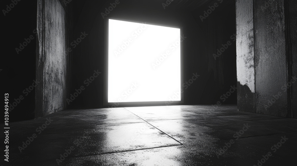 A bright white screen glows in a dark room with concrete floors and black walls. This image is perfect for presenting ideas or showing off designs. A bright white screen glows in a dark room with concrete floors and black walls. This image is perfect for presenting ideas or showing off designs.