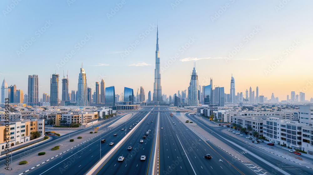 Obraz premium sprawling metropolis with sleek skyscrapers and stunning skyline, showcasing modern architecture and urban life. scene captures essence of vibrant city at dawn