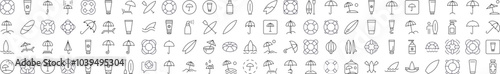 Collection of Line Icons of Umbrella, Sunscreen, Surfboard, Lifeline Drawn with Thin Line for apps, web sites, banners, infographics and other types of design