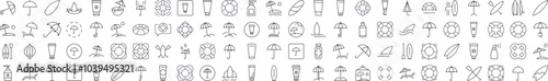 Collection of Outline Symbols of Umbrella, Sunscreen, Surfboard, Lifeline Drawn with Thin Line for apps, web sites, banners, infographics and other types of design