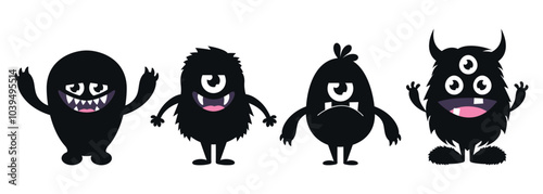Cute cartoon monsters set. Funny black creature silhouettes in childish style. Vector illustration