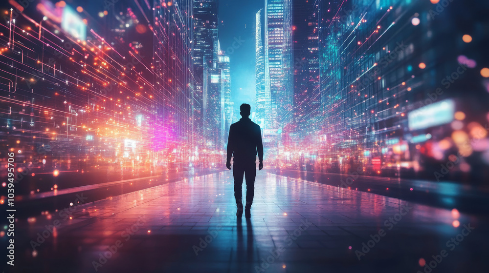 The city's lights shine brightly, blending with a futuristic, digital background. This image captures the idea of a city merging with the virtual world, creating a cyberpunk-style vision. The city's lights shine brightly, blending with a futuristic, digital background. This image captures the idea of a city merging with the virtual world, creating a cyberpunk-style vision.