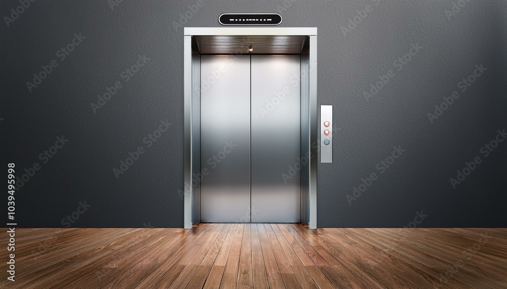 Front view on elevator with metal doors, grey blank wall and wooden floor. 3D rendering, mockup Front view on elevator with metal doors, grey blank wall and wooden floor. 3D rendering, mockup