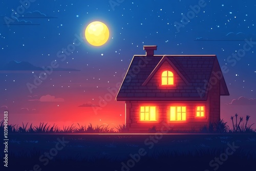 Whimsical illustration of a glowing red roofed house with a large crescent moon in the sky set against a deep blue nighttime background creating a magical serene atmosphere with soft lighting