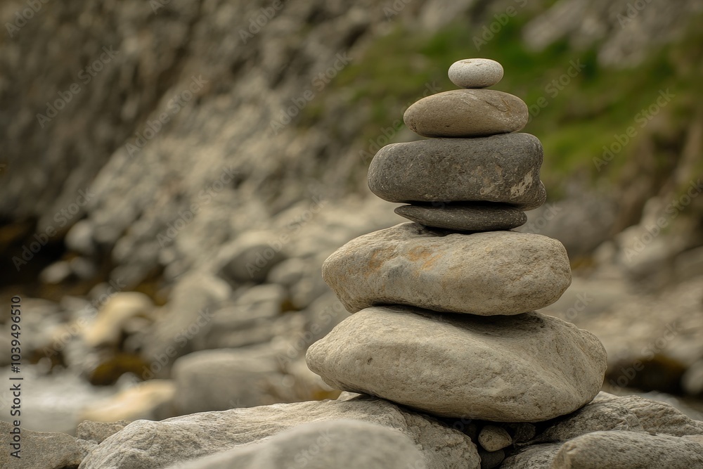 A Stack of Smooth Gray Stones on a Rocky Background A Stack of Smooth Gray Stones on a Rocky Background