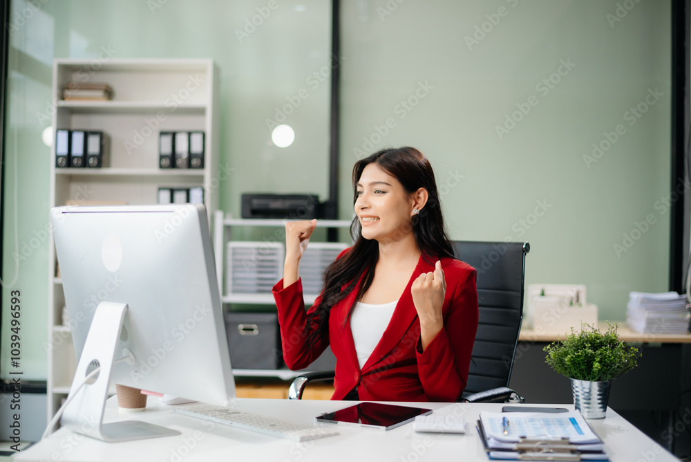 Asian woman using laptop and tablet while sitting at her working place. Concentrated Asian woman using laptop and tablet while sitting at her working place. Concentrated