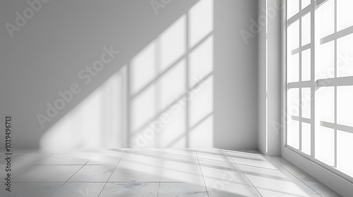 A minimalist room with a large window and a tiled floor, with sunlight streaming in and casting a grid pattern of shadows on the wall.