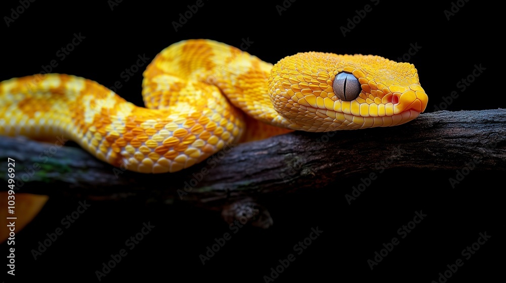 The Yellow White-lipped Pit Viper closeup on branch with black background, Yellow White-lipped Pit Viper closeup
The Yellow White-lipped Pit Viper closeup on branch with black background, Yellow White-lipped Pit Viper closeup