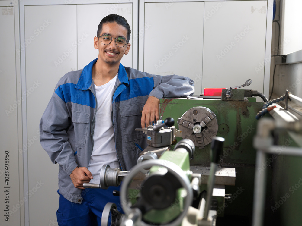 Smiling apprentice wearing jacket leaning on machine at workshop Smiling apprentice wearing jacket leaning on machine at workshop