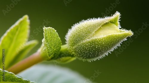  A tight shot of a green leaf, adorned with tiny dew droplets, against a verdant backdrop