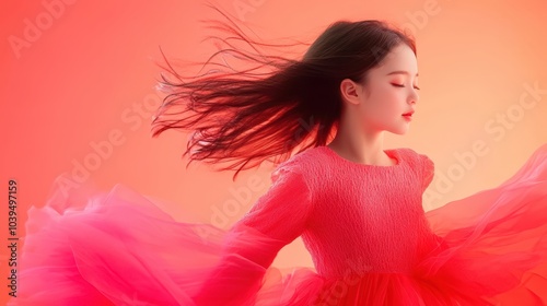 woman in red dress with flowing hair