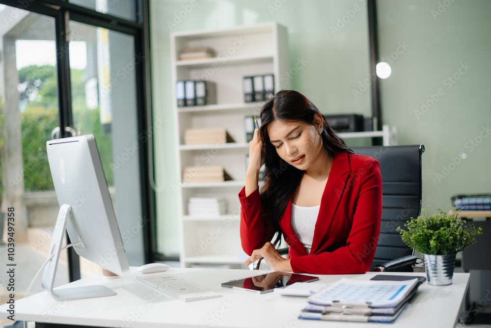 Overworked young Asian businesswoman office worker suffering from neck pain after had a long day Overworked young Asian businesswoman office worker suffering from neck pain after had a long day