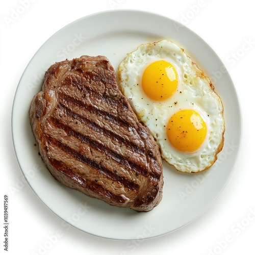 A plate featuring a grilled steak and two sunny-side-up eggs.
