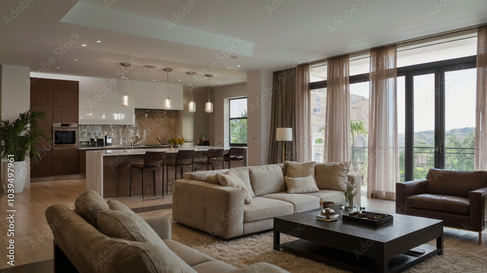 Fototapeta premium Luxury living room interior design with sofa coffee table and window