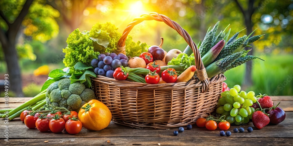 A Basket Filled with Fresh Produce Spilling Onto a Wooden Table Under a Golden Sunlight A Basket Filled with Fresh Produce Spilling Onto a Wooden Table Under a Golden Sunlight