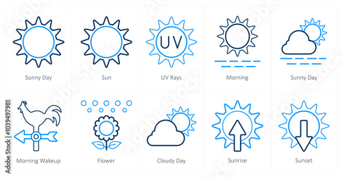 A set of 10 Weather icons as sunny day, sun, uv rays