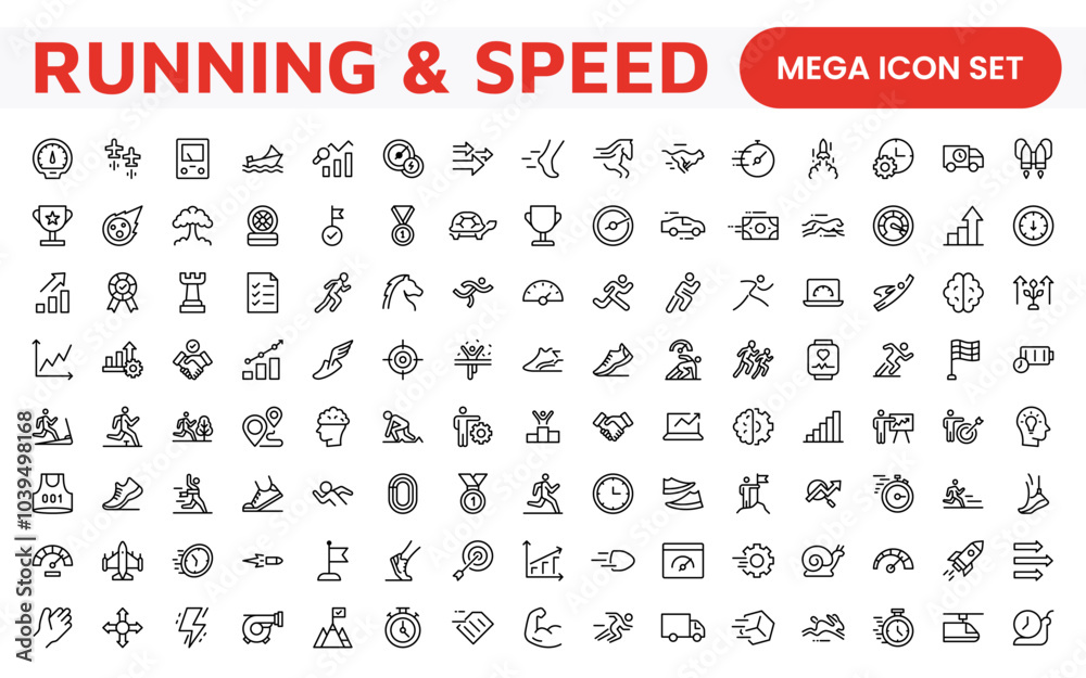 Running & Speed Icon Set. Dynamic icons capturing the essence of motion, sprinting, and velocity for fitness apps, sports branding, and training materials. Running & Speed Icon Set. Dynamic icons capturing the essence of motion, sprinting, and velocity for fitness apps, sports branding, and training materials.