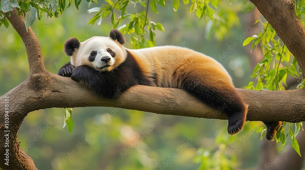 Obraz premium Lazy Panda Bear Sleeping on a Tree Branch