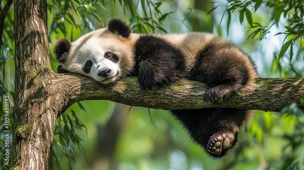 Obraz premium Lazy Panda Bear Sleeping on a Tree Branch 