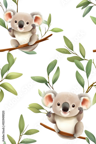 A flat style seamless pattern featuring koala bears, isolate on white background, showcasing their charming poses. cutout png photo