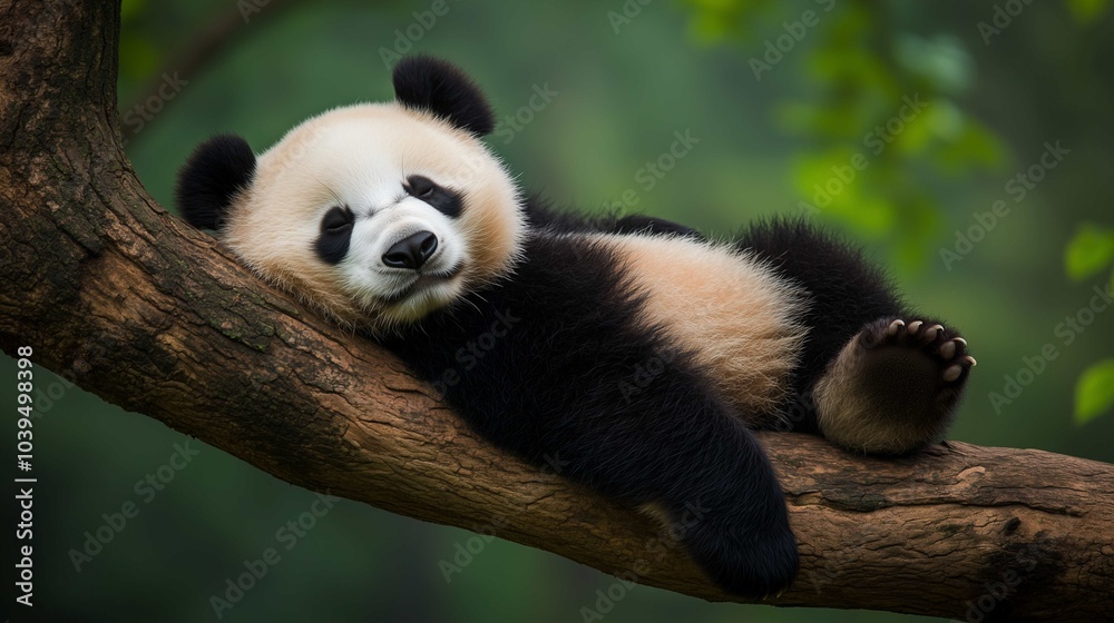Obraz premium Lazy Panda Bear Sleeping on a Tree Branch 