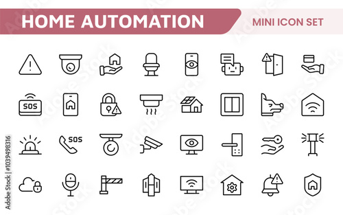 Home Automation Icon Set. Smart and intuitive icons for controlling lights, security, and devices, perfect for smart home apps, IoT interfaces, and tech-savvy branding.