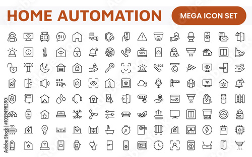 Home Automation Icon Set. Smart and intuitive icons for controlling lights, security, and devices, perfect for smart home apps, IoT interfaces, and tech-savvy branding.