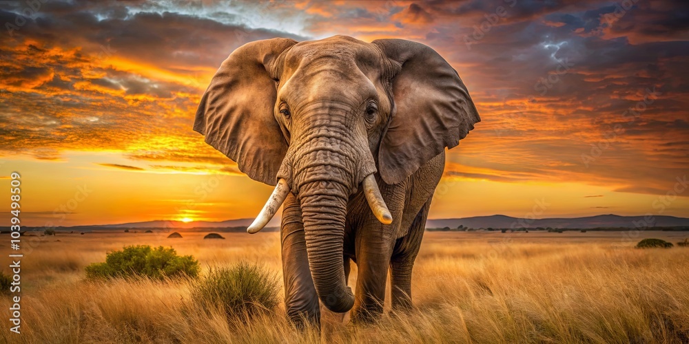 Fototapeta premium A solitary elephant with tusks stands in the grasslands, bathed in the warm hues of a majestic sunset.