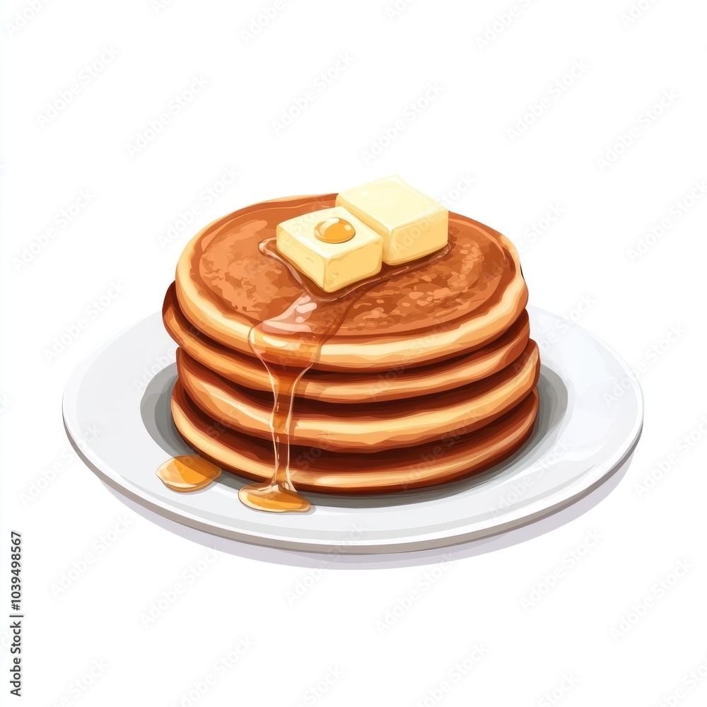 A stack of pancakes topped with butter and syrup on a plate. A stack of pancakes topped with butter and syrup on a plate.
