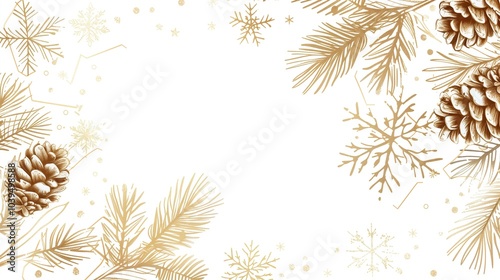 White background with golden snowflakes and pine branches in a watercolor style, featuring simple lines and white space. Ideal for wallpaper or festive card decorations.