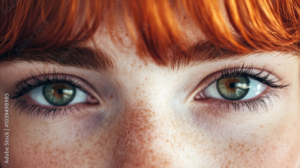 Obraz premium A tight shot of a woman's freckled face, framed by her unruly locks of red hair, and her bright blue eyes gleaming in the frame