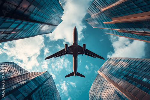 Air plane flying low over highrise office glass buildings in a downtown. photo