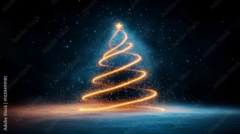 Obraz premium Glowing Christmas tree with lights against a dark, snowy background.