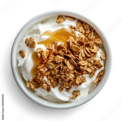 A bowl of yogurt topped with granola and honey, perfect for a healthy breakfast or snack.