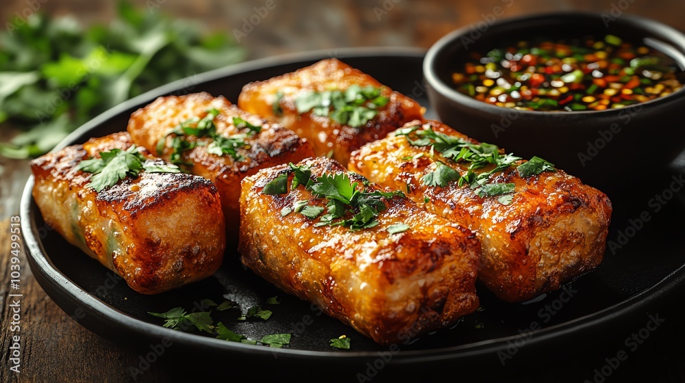 Grilled savory snacks served with dipping sauce on a dark plate. Grilled savory snacks served with dipping sauce on a dark plate.