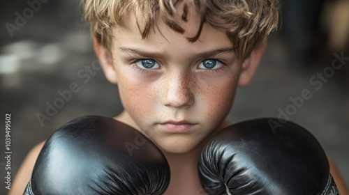 A young boy with blue eyes and a scruffy face is wearing boxing gloves. He looks determined and focused