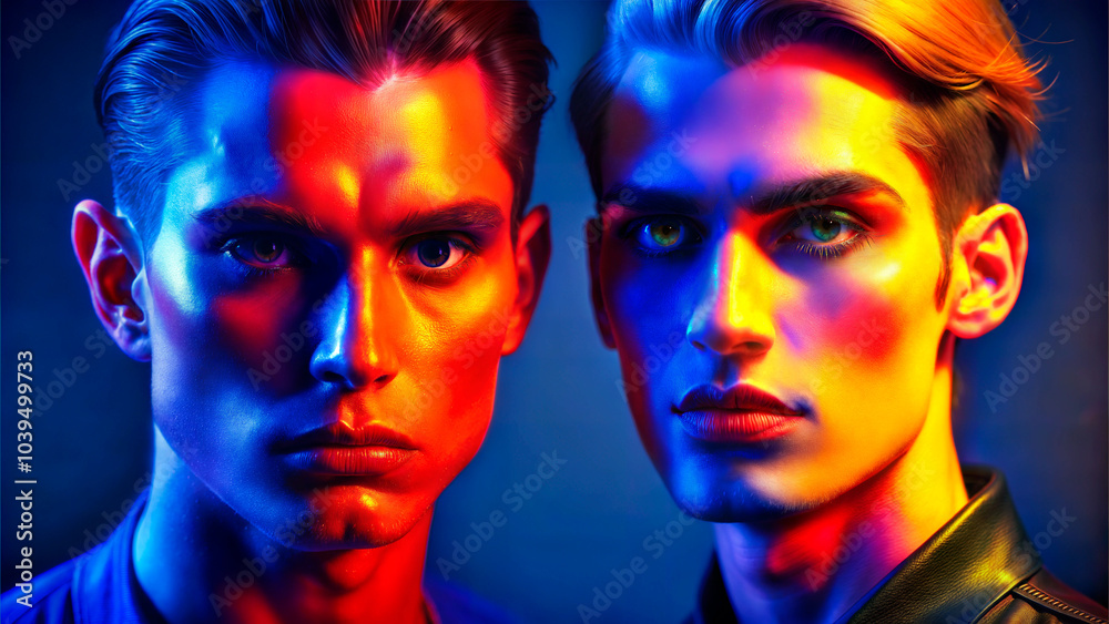 Obraz premium Two young men with intense expressions in vibrant red and blue lighting