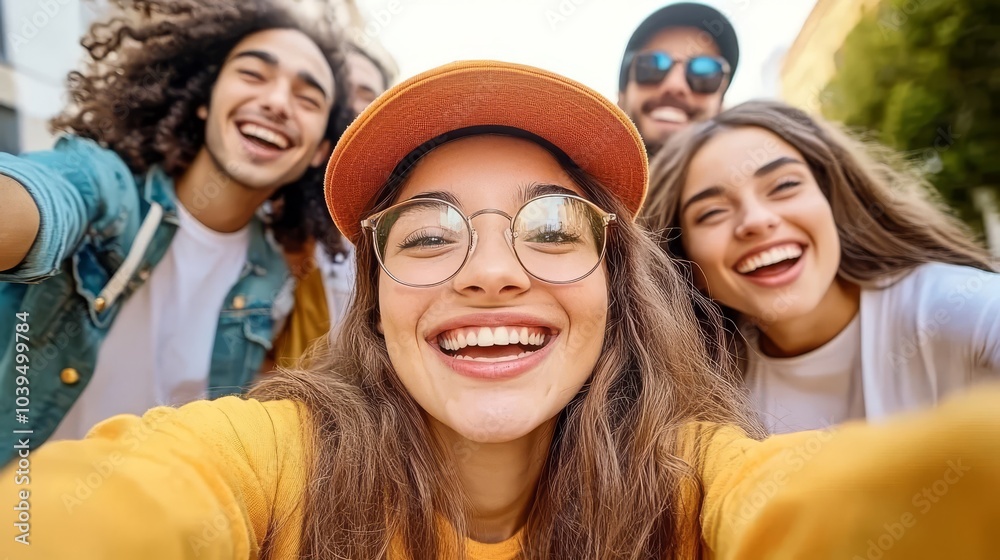 Group of smiling friends taking a selfie outdoors in the sunlight. Group of smiling friends taking a selfie outdoors in the sunlight.