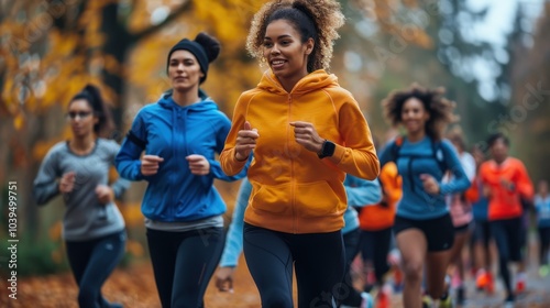 A group of people on a jog in the park . A team of runners at a morning workout